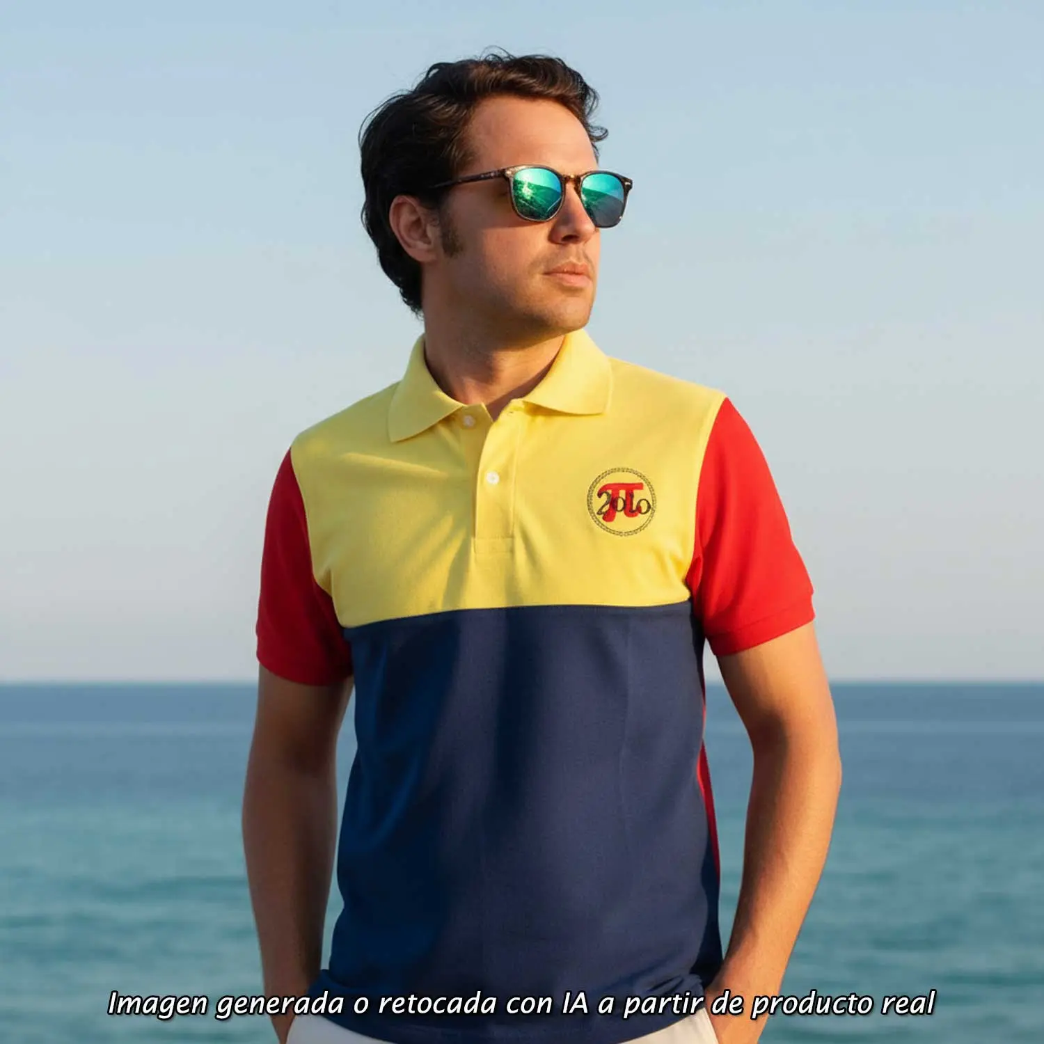 Polo Bandera España Costa Brava en azul marino, amarillo y rojo, vista frontal