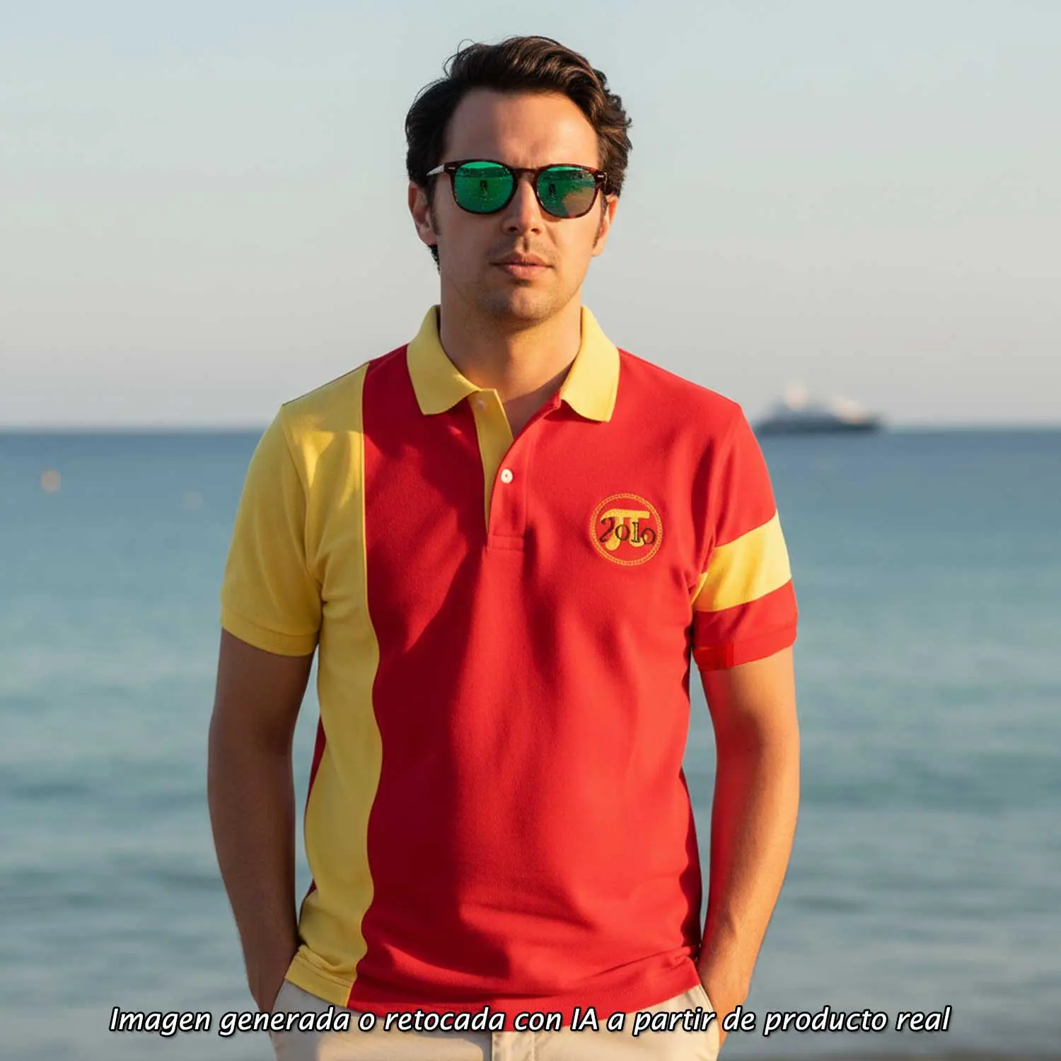 Polo Bandera España Formentera de hombre en rojo y amarillo, vista frontal