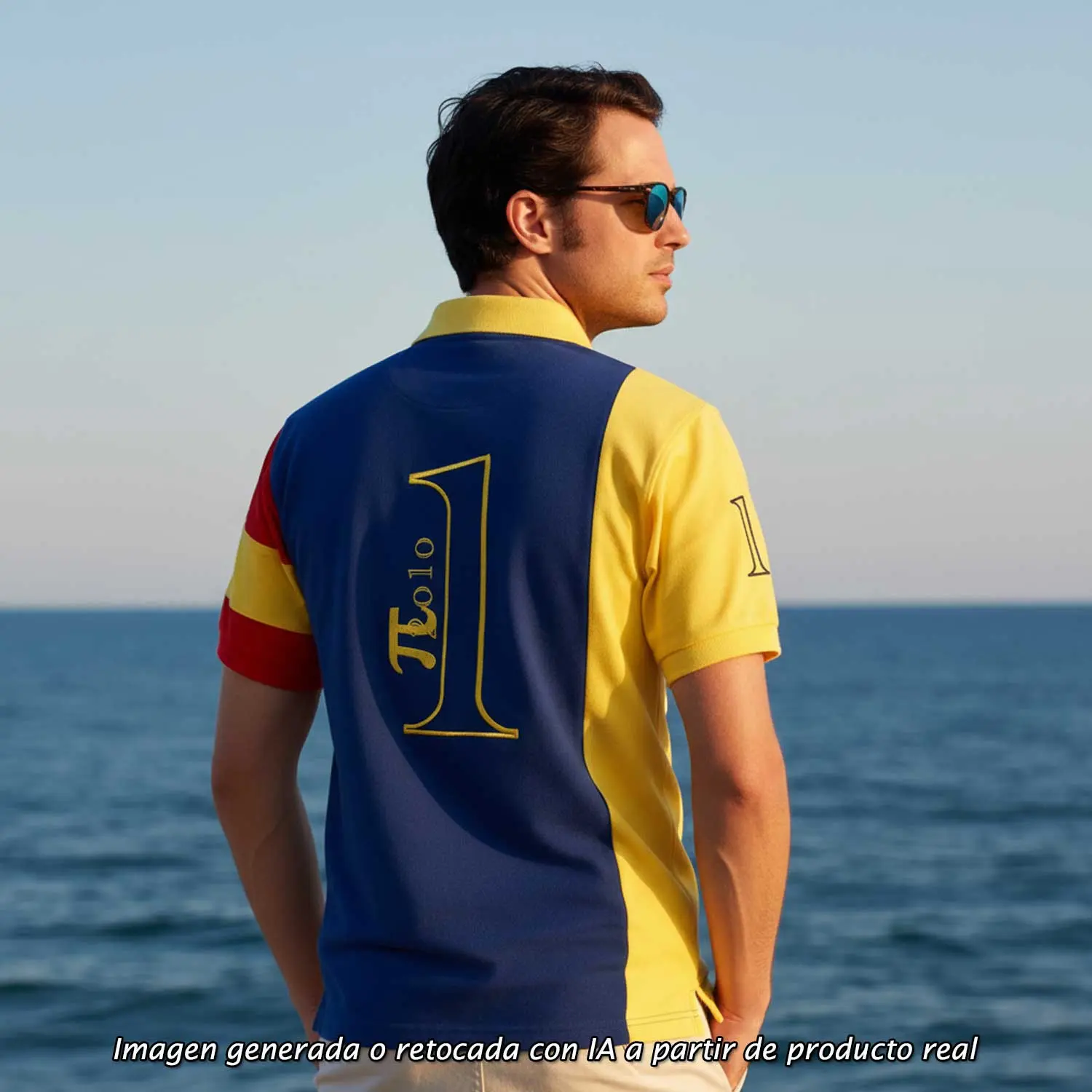 Polo Bandera España Mar Menor con número 1 bordado y bandera ensamblada en la manga