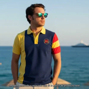 Polo Bandera España Mar Menor de hombre en marino y amarillo, vista frontal
