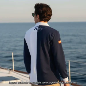Espalda del Polo bandera España Salinas, diseño bicolor marino y blanco con logotipo PI2010 y bandera en la manga