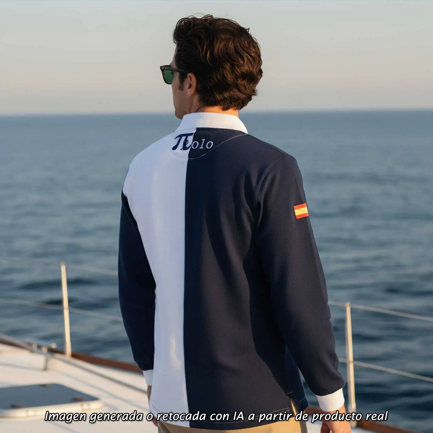 Espalda del Polo bandera España Salinas, diseño bicolor marino y blanco con logotipo PI2010 y bandera en la manga