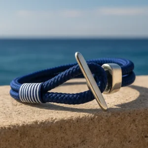 Pulsera amarre marino trenzado blanco y marino vista al aire libre