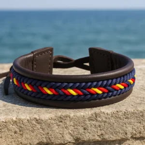 Pulsera piel con bandera España trenzada vista al aire libre