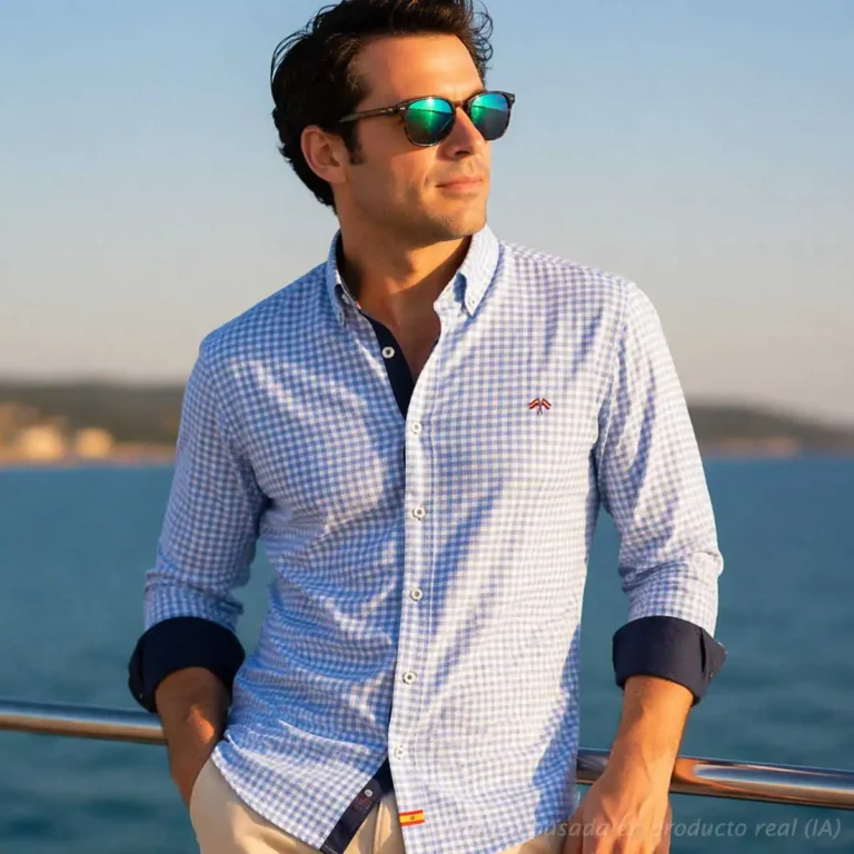 Camisa de cuadros celeste con bandera de España en hombre