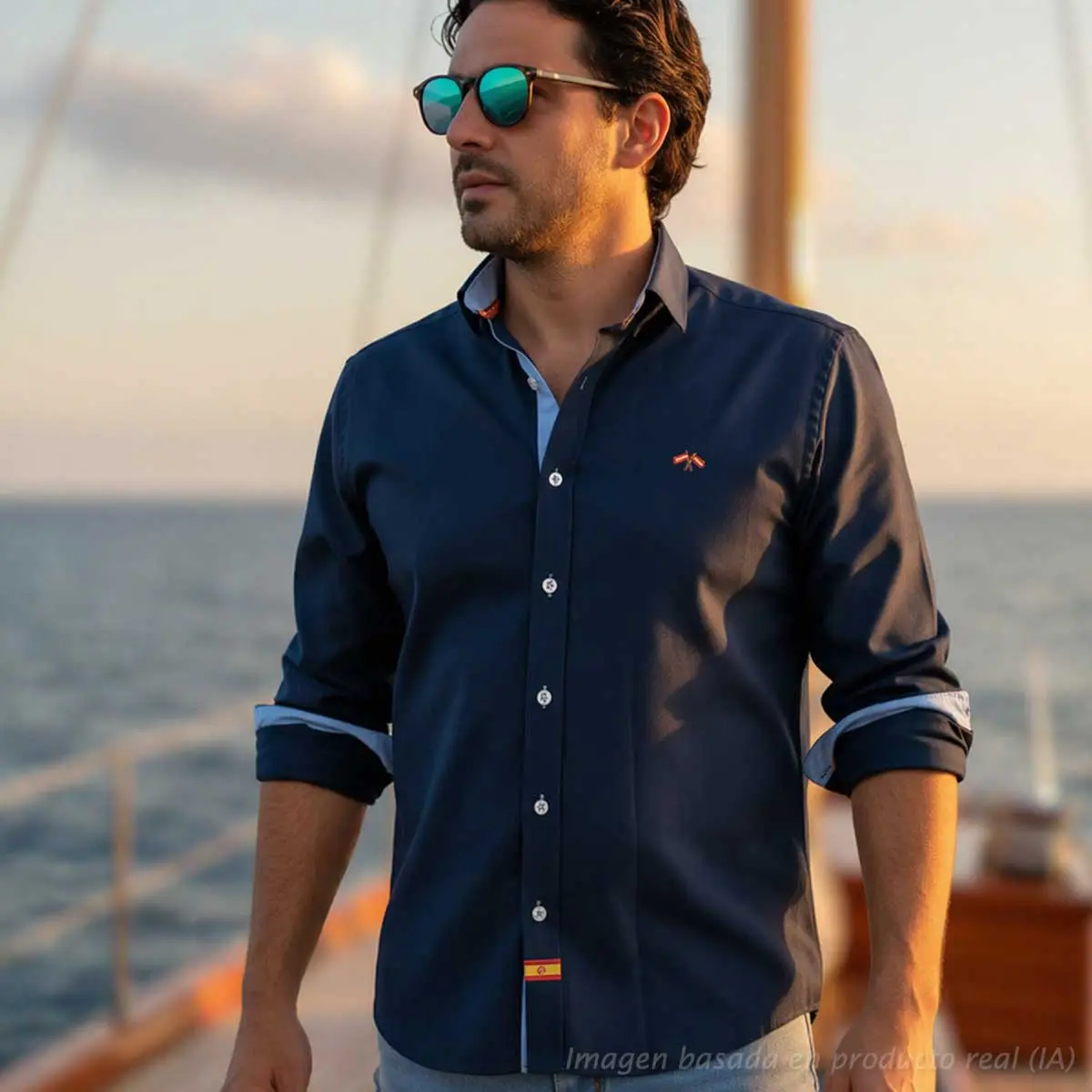 Camisa marino con celeste y bandera de España en look casual hombre