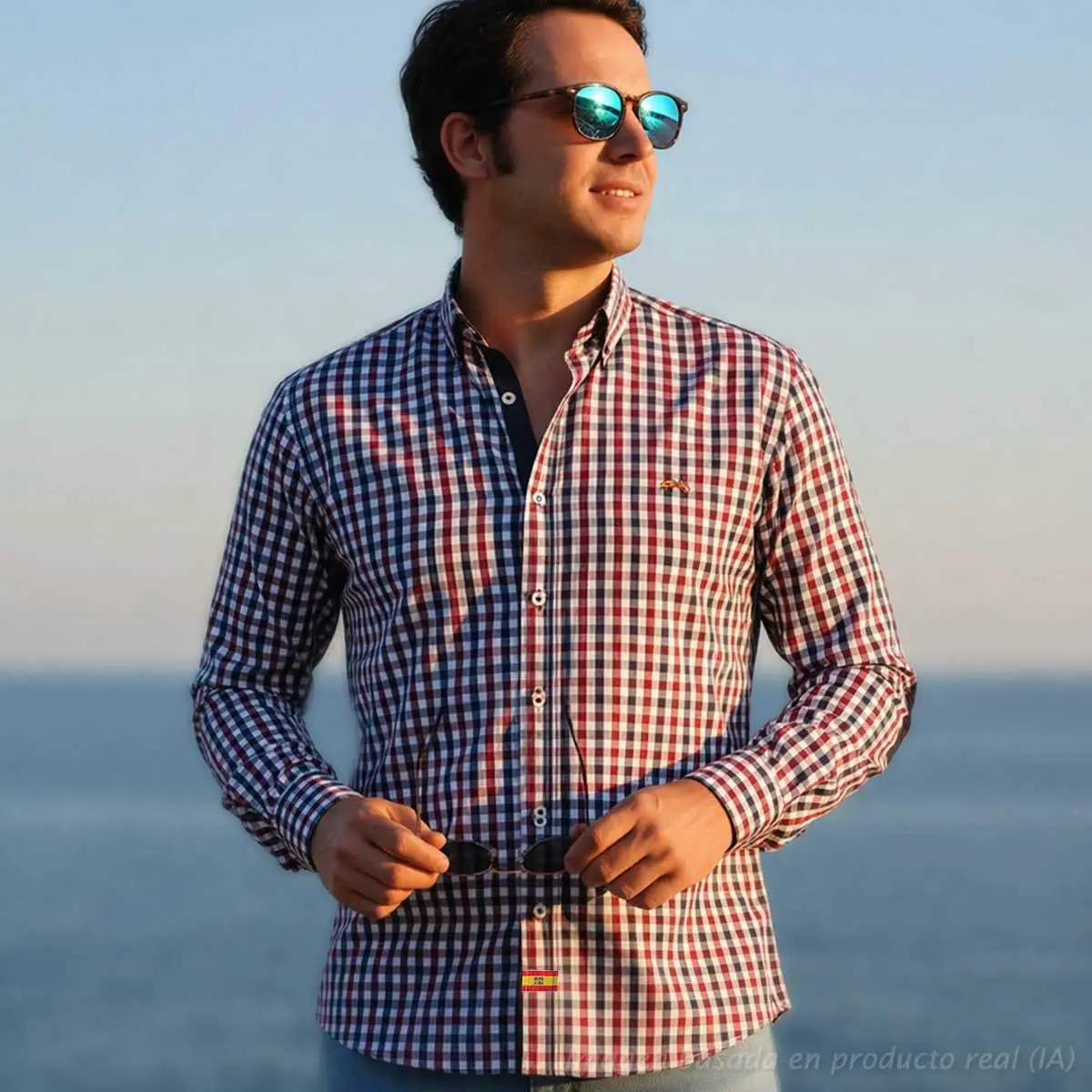 Camisa de cuadros burdeos y marino con bandera de España en hombre estilo casual