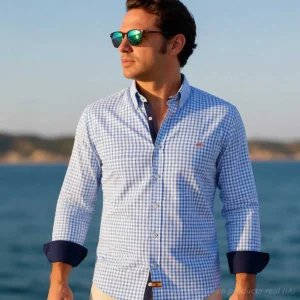 Camisa de cuadros celeste con bandera de España en hombre vista frontal alternativa
