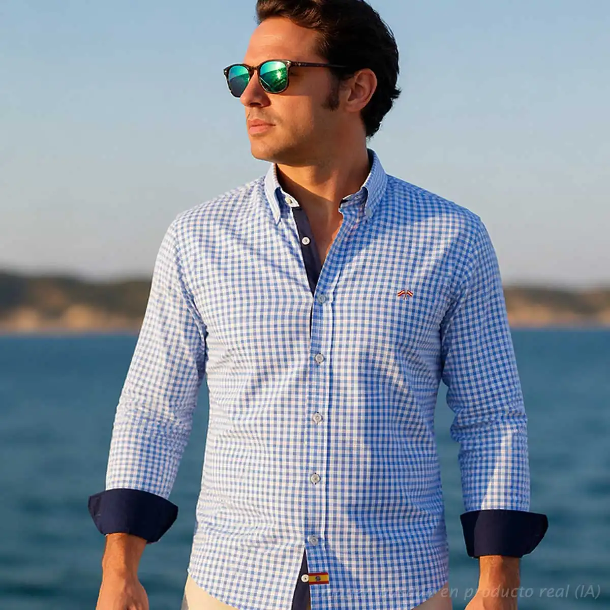Camisa de cuadros celeste con bandera de España en hombre vista frontal alternativa