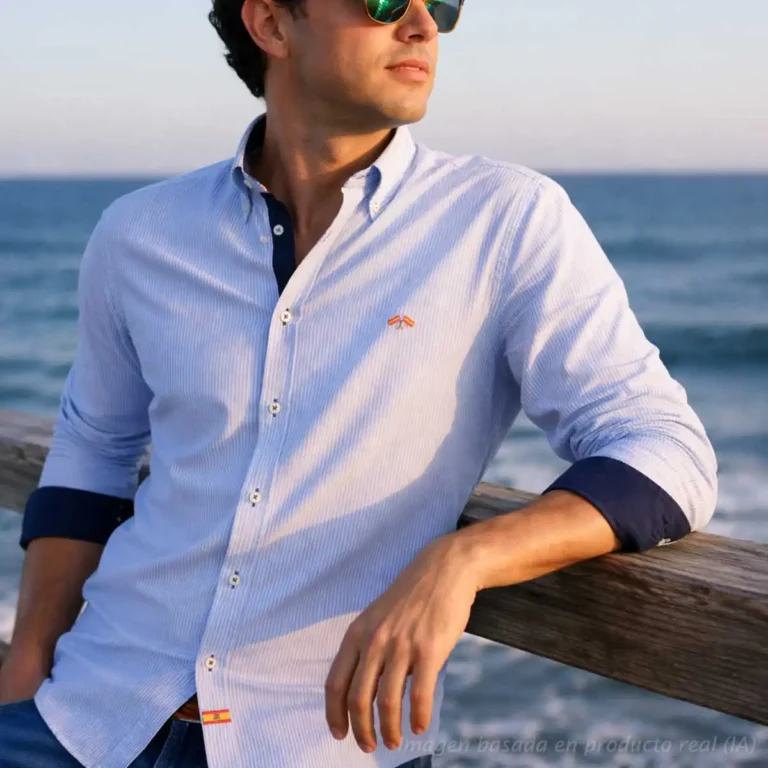 Camisa de rayas azul marino hombre detalle pecho con bandera de España