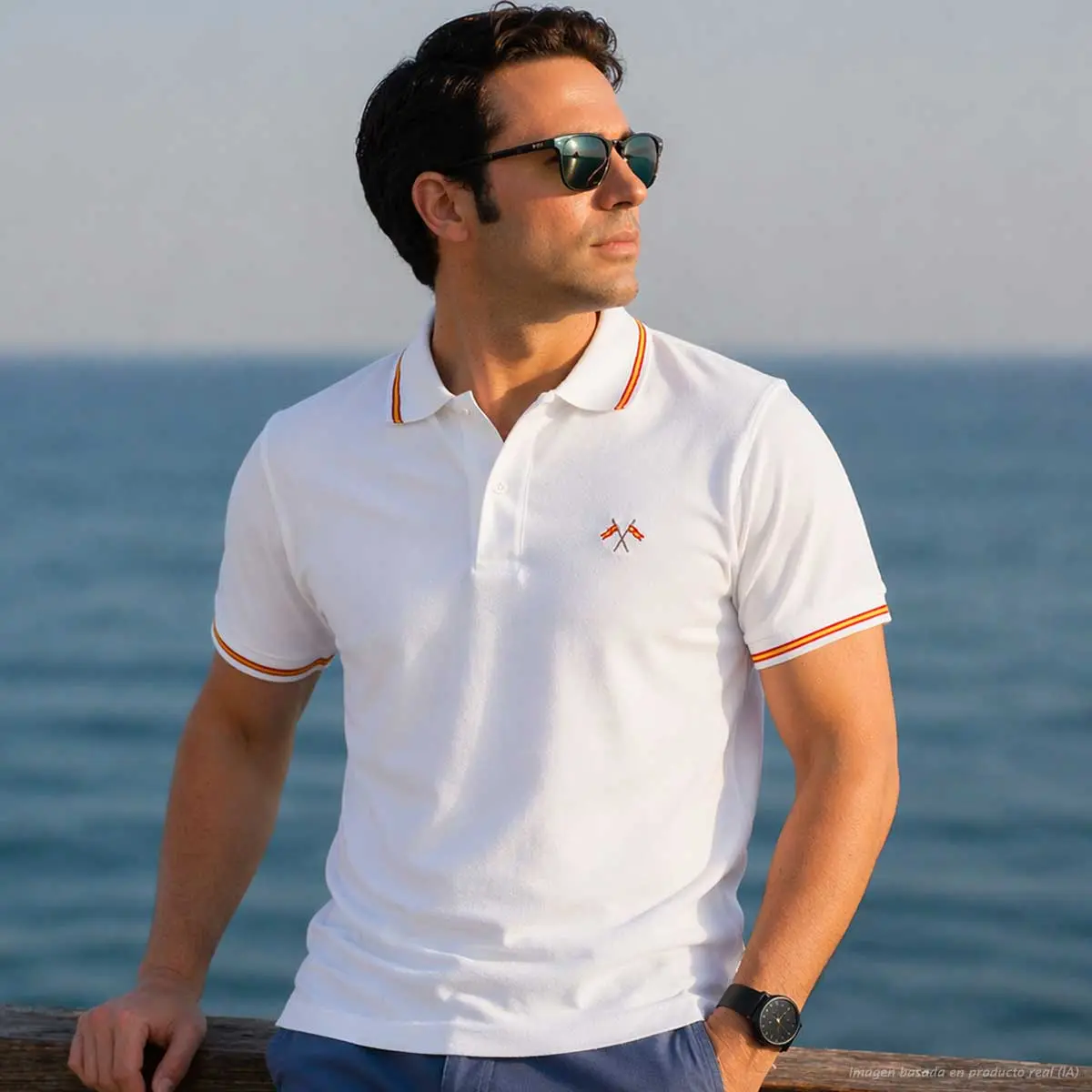 Polo blanco con banderas cruzadas de España hombre