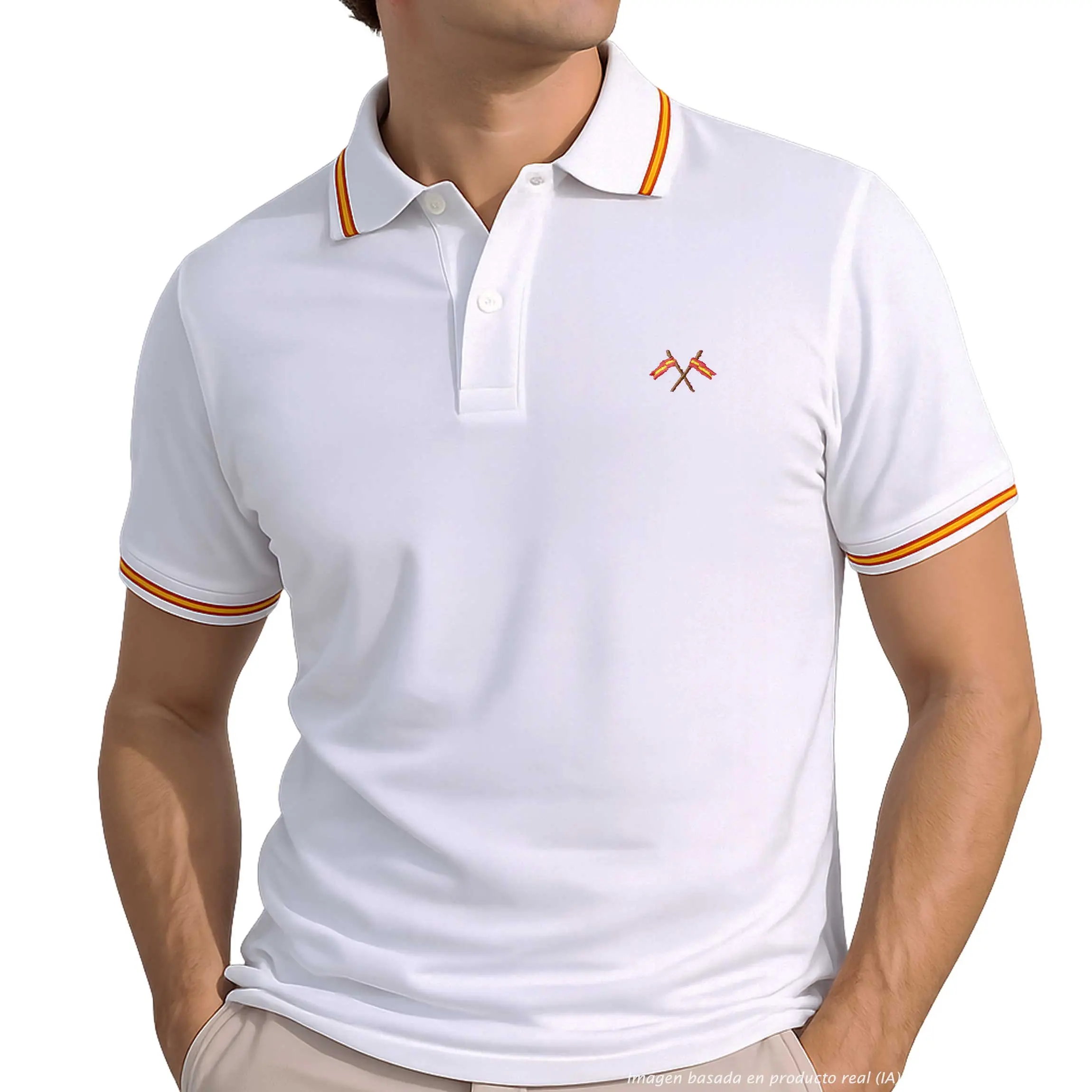 polo blanco con banderas de España cruzadas hombre frontal