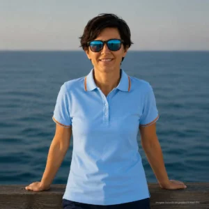 Vista frontal de polo celeste mujer con bandera de España en cuello y mangas