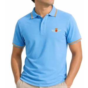 polo ejercito del aire celeste hombre con bandera de España en cuello y mangas