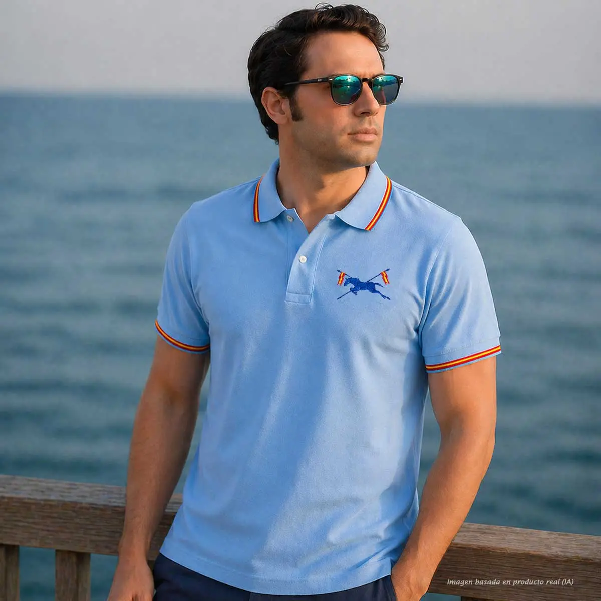 polo escolta real celeste hombre con bandera de España en cuello estilo elegante