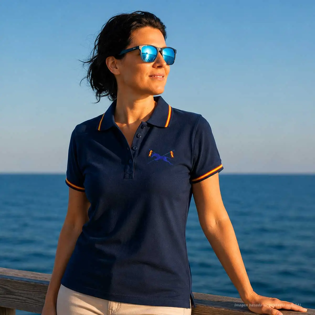 Polo Escuadrón de Escolta Real marino mujer con emblema bordado y bandera de España integrada en cuello y bocamangas.