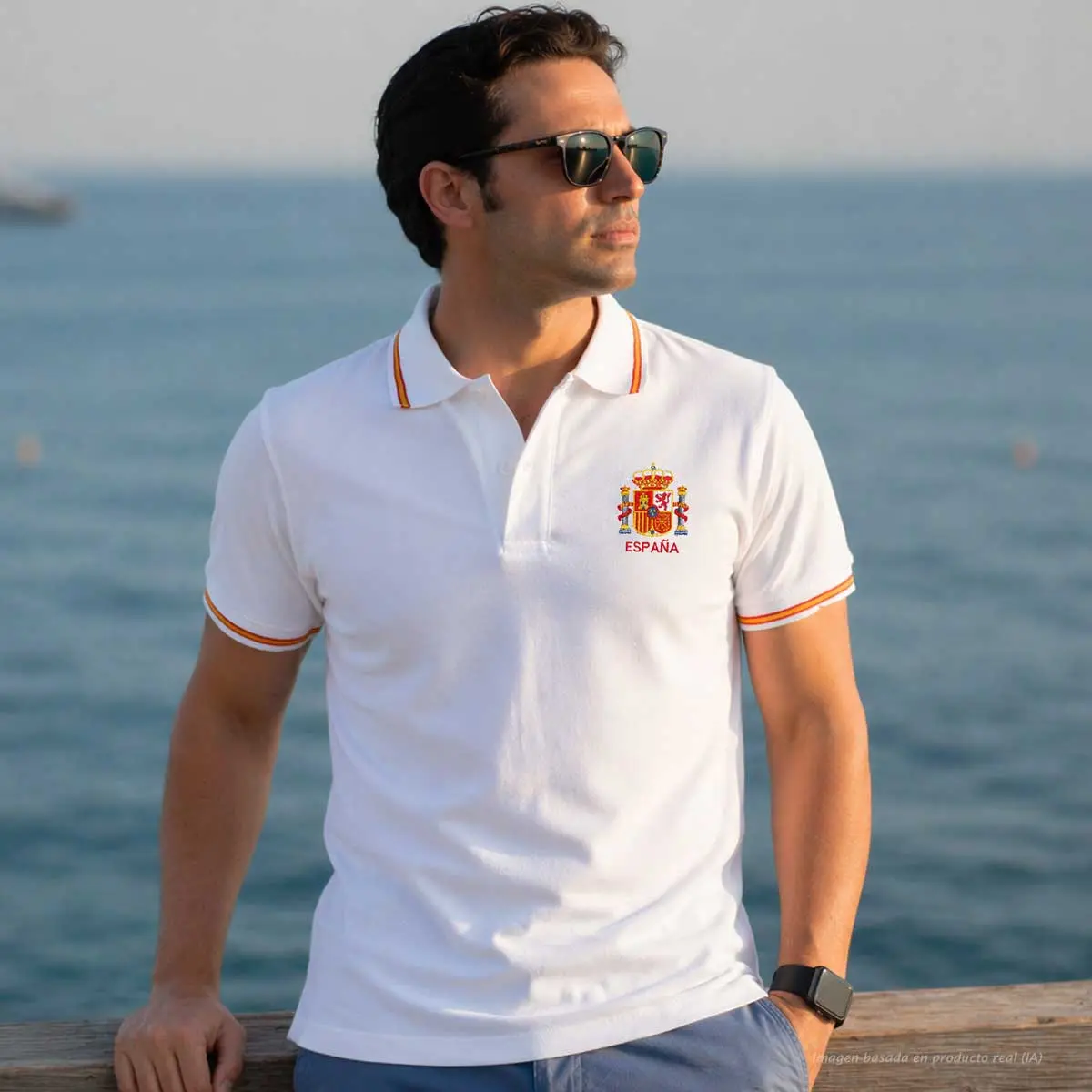 polo blanco escudo España hombre look elegante verano