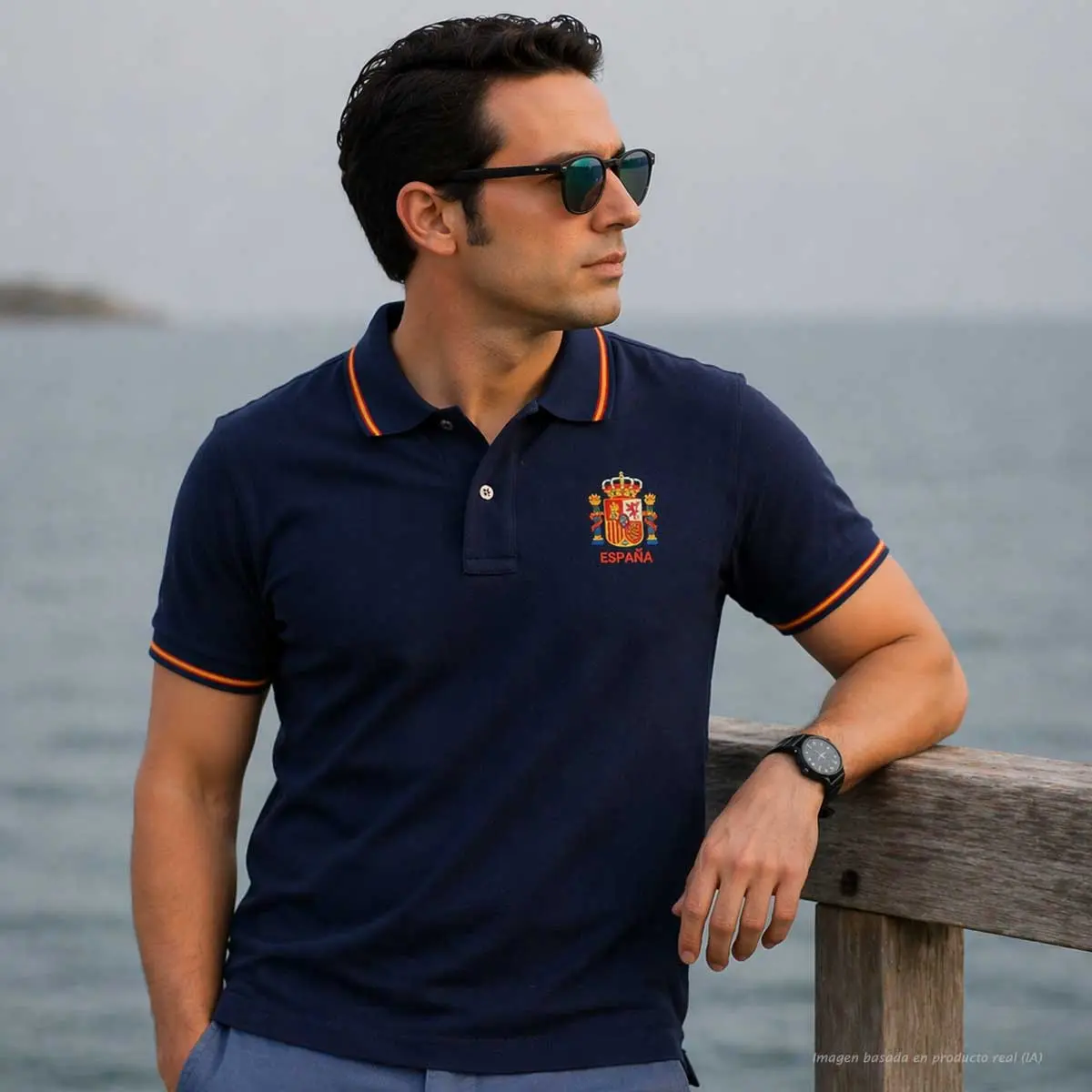 Hombre look verano elegando con Polo marino con el escudo de España bordado