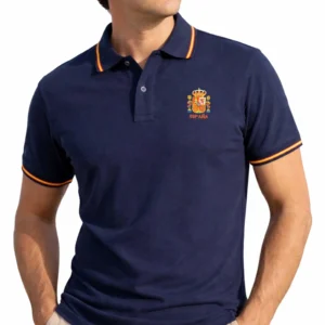 polo marino escudo de España hombre con bandera de España en cuello y mangas
