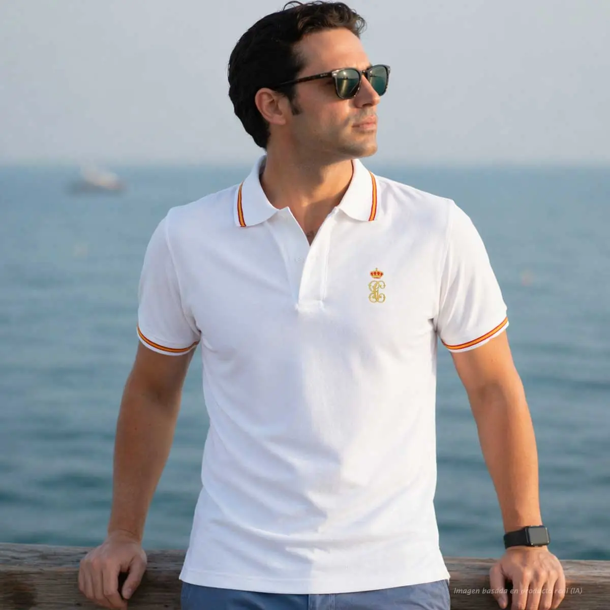 polo blanco Guardia Civil histórico hombre en look verano con bandera de España