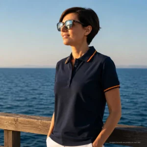 Polo marino mujer con bandera de España en cuello y mangas vista lateral