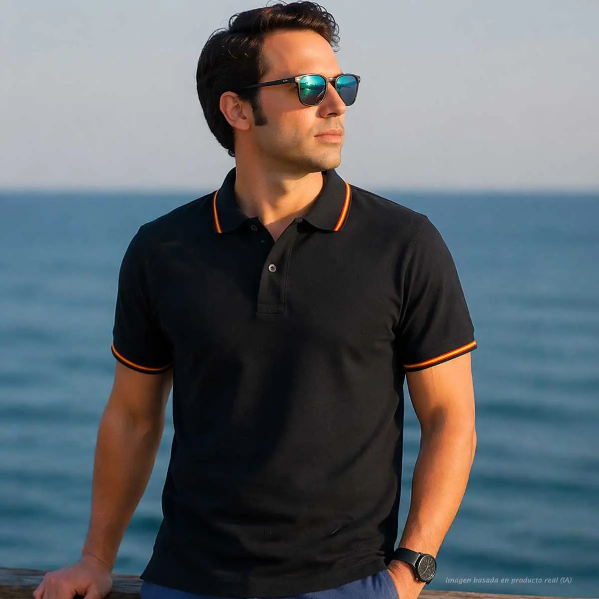 polo negro hombre con bandera de España en cuello y mangas