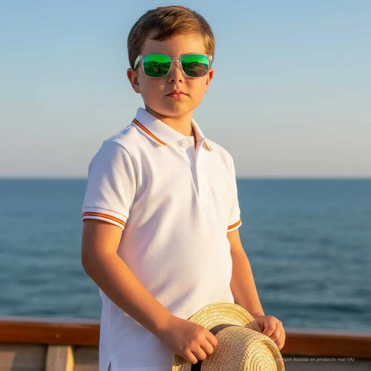 Polo niño blanco con bandera de España y detalles en cuello y mangas