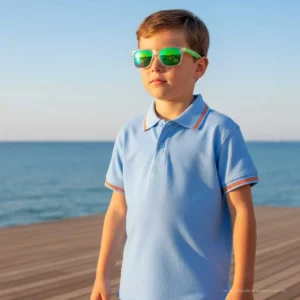 Polo niño celeste con bandera de España en cuello y mangas