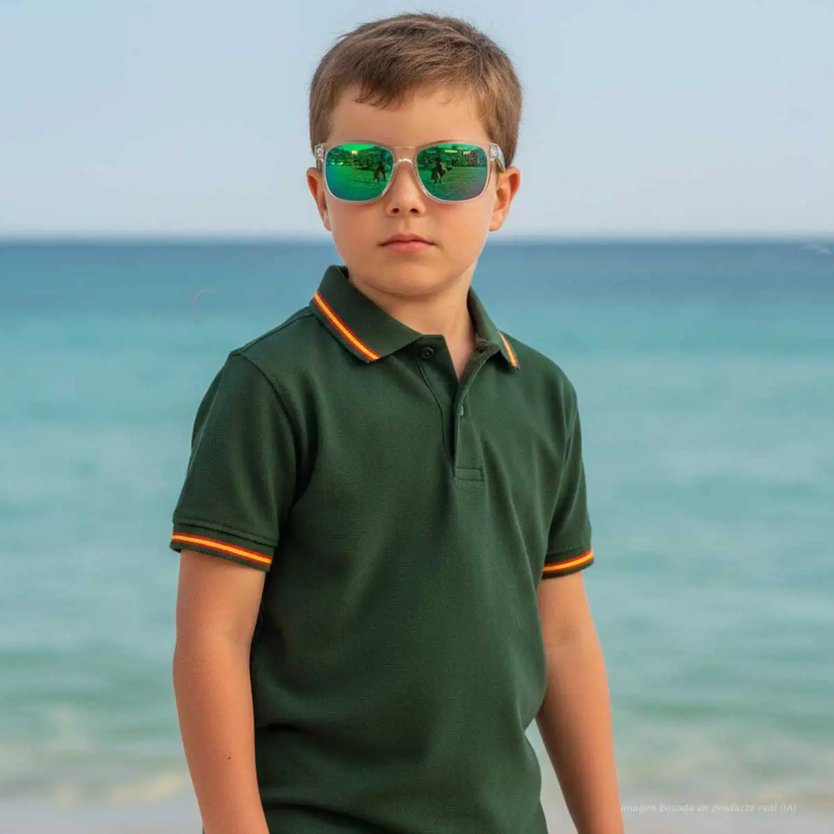 Niño con polo kaki y detalles de la bandera de España en la playa