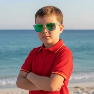 Polo niño rojo con bandera de España en cuello y mangas