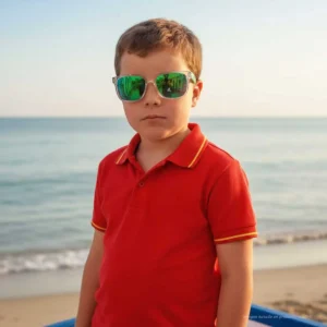 Niño con polo rojo y detalles de la bandera de España en la playa