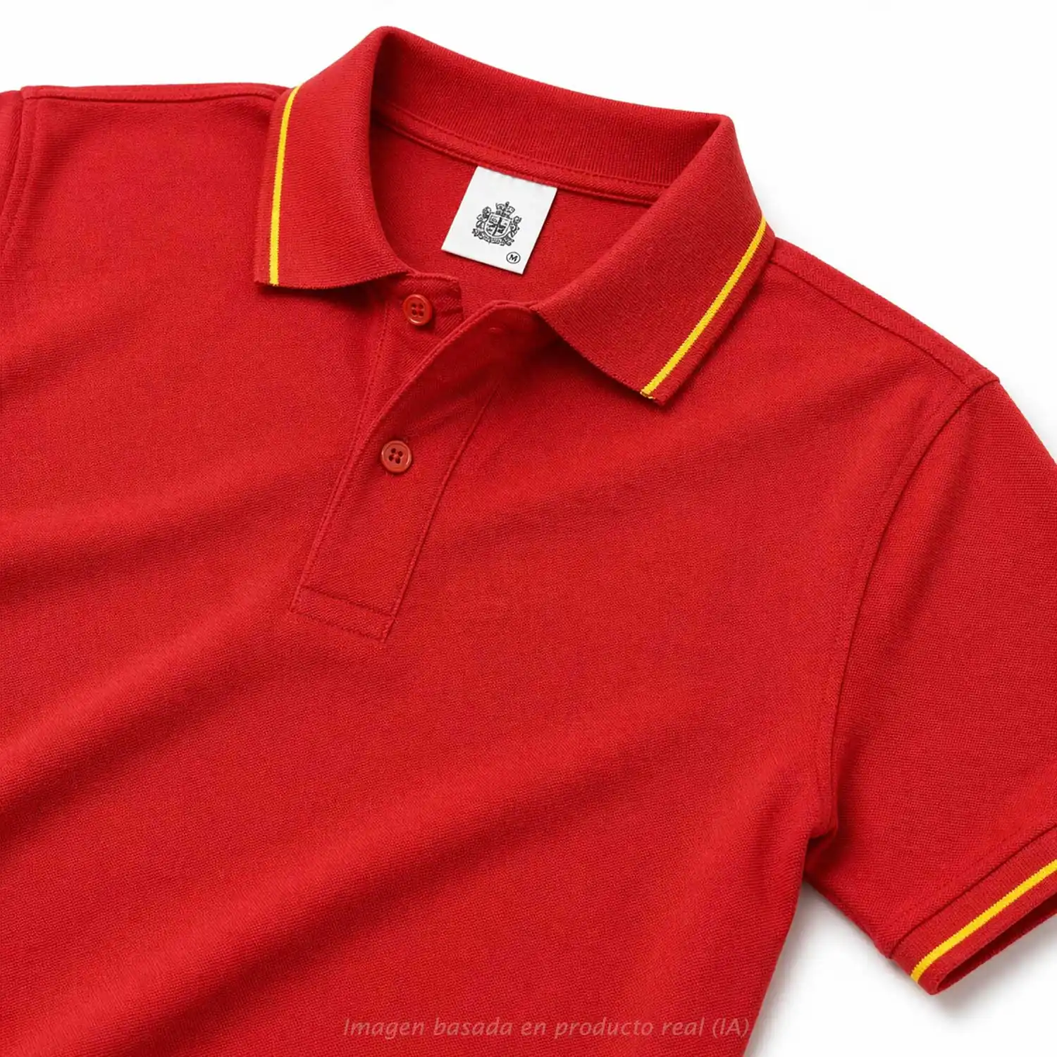 polo rojo con bandera de España en cuello y mangas