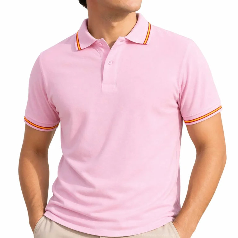 polo rosa con bandera de España en cuello y mangas hombre frontal