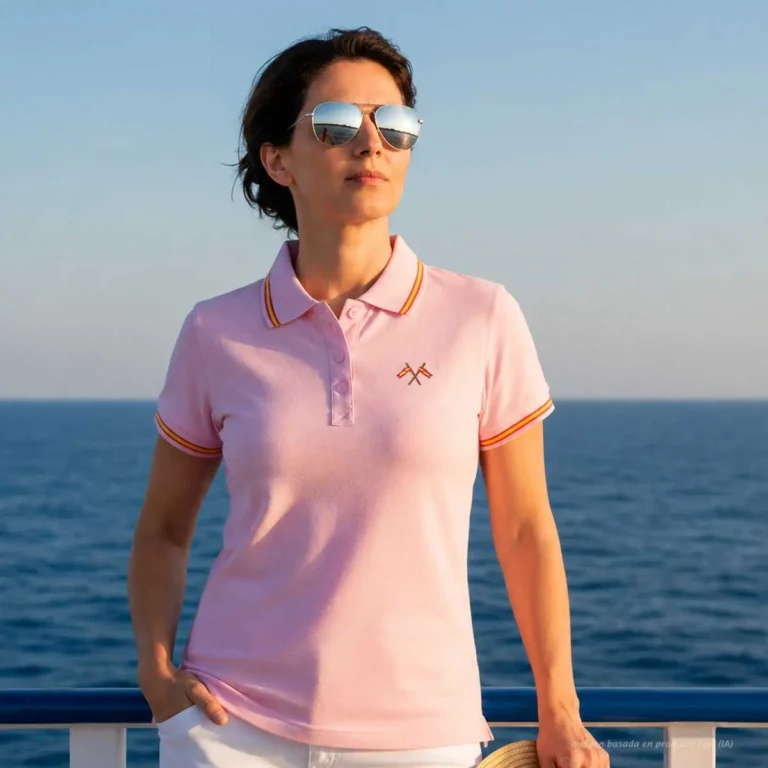 Polo rosa mujer con banderas cruzadas de España bordadas en el pecho