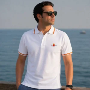 polo ejército del aire blanco hombre con bandera de España en cuello y mangas