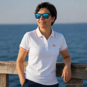 Polo blanco con banderas de España en mástil mujer vista frontal