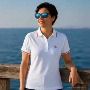Polo blanco con banderas de España en mástil mujer vista lateral
