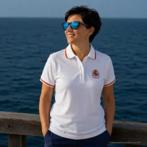 Polo escudo de España blanco mujer con bandera de España en cuello y mangas