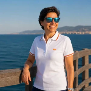 Polo blanco mujer con bandera de España bordada sobre modelo