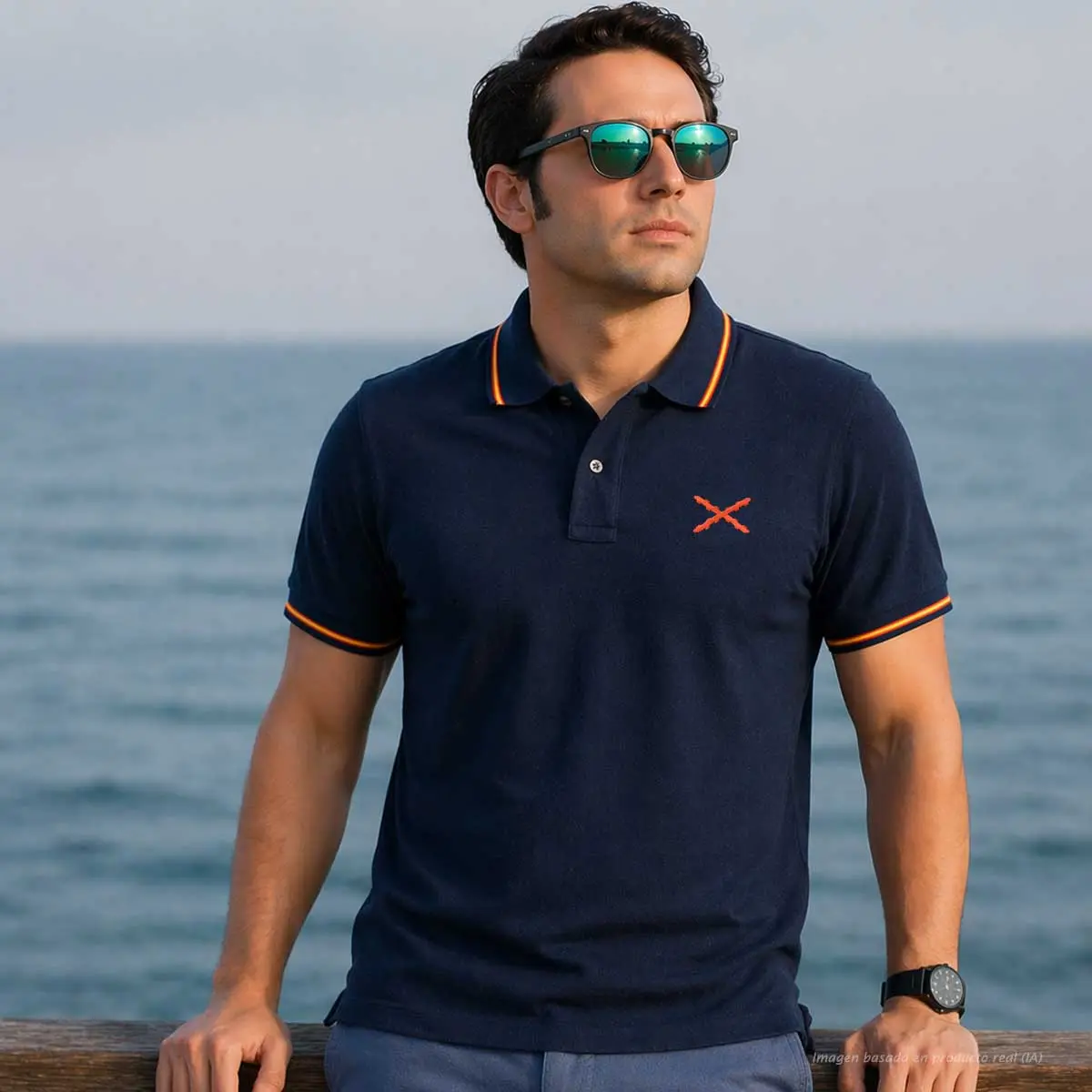 polo cruz de borgoña marino hombre con modelo junto al mar