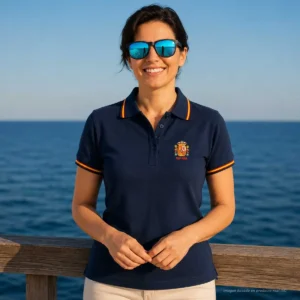 Polo escudo de España marino mujer con bandera de España en cuello y mangas