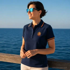 Polo escudo de España marino mujer vista lateral con escudo bordado