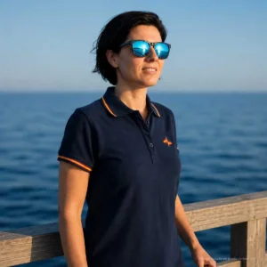 Polo marino con banderas de España en mástil mujer vista lateral