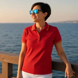 Polo rojo mujer con bandera de España en cuello y mangas