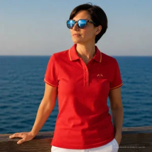 Polo rojo mujer con banderas cruzadas de España