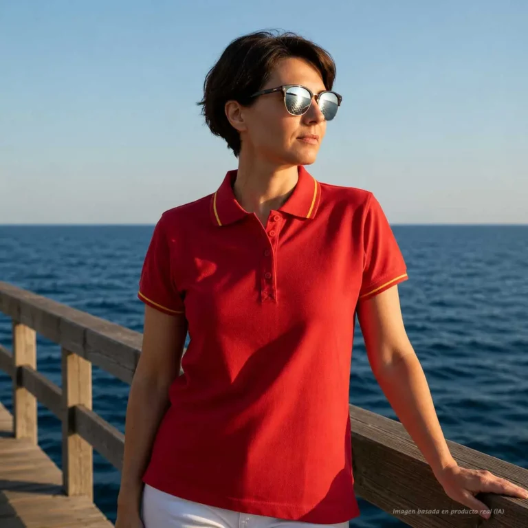 Polo rojo mujer lateral con bandera de España en cuello y mangas