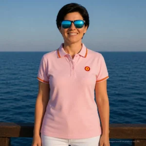 Polo Escarapela rosa mujer vista frontal con escarapela bordada