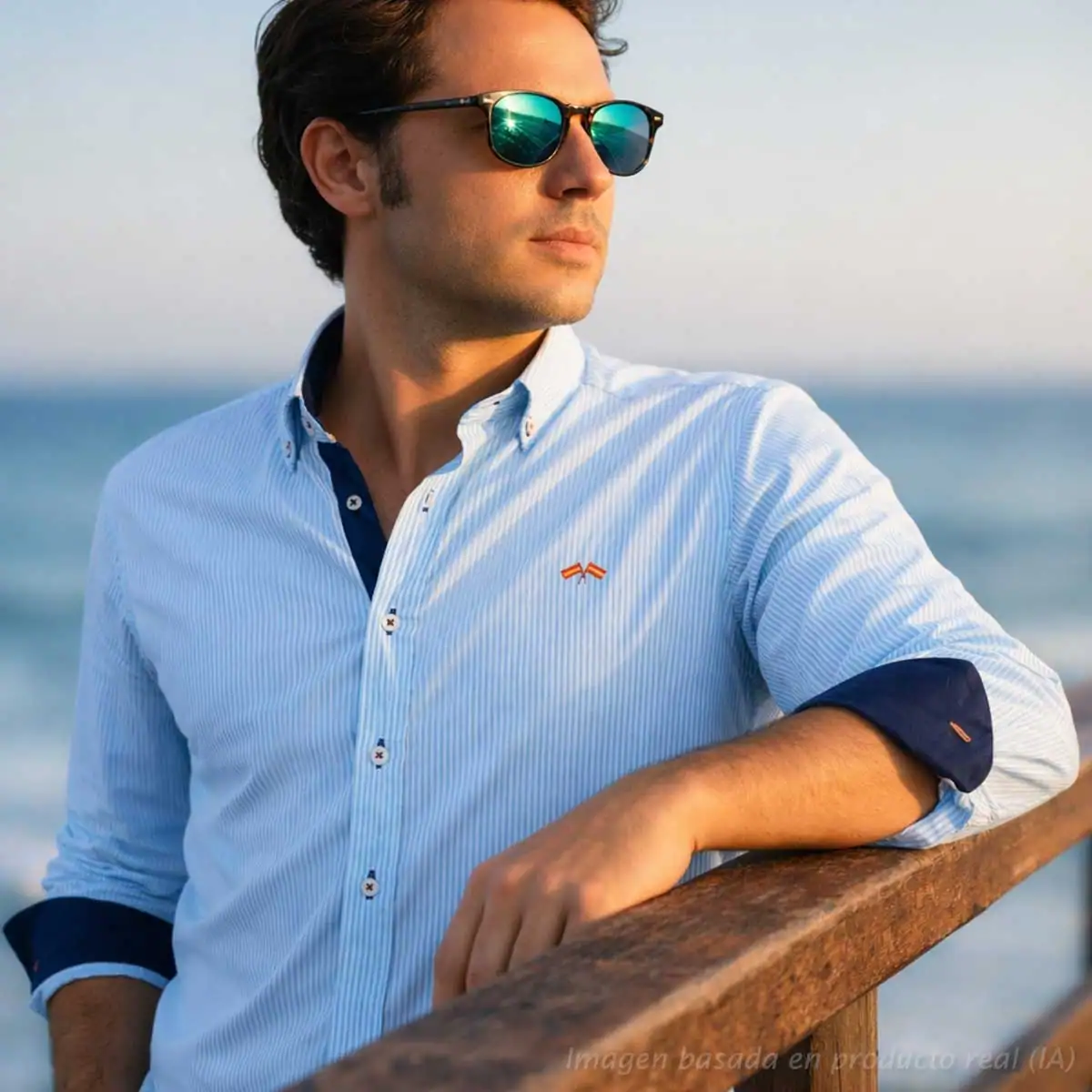 Detalle de camisa de rayas verdes con puño marino y bandera de España