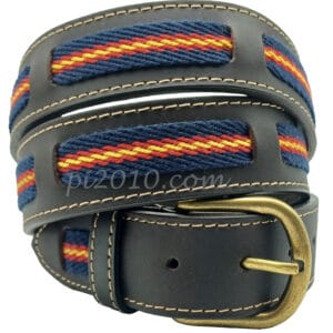 Cinturón de piel marrón con lona azul marino y bandera de España tejida, vista principal