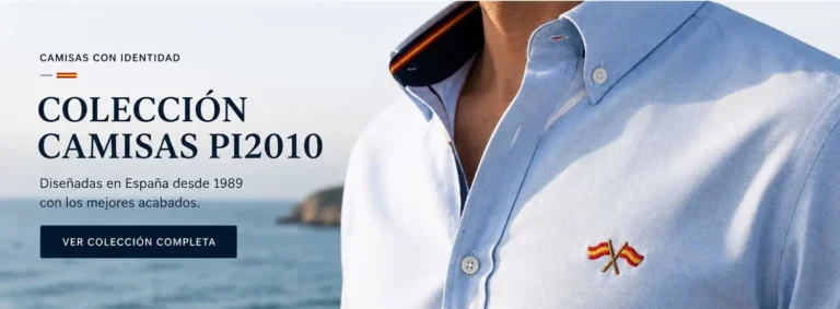 Colección de camisas con bandera de España PI2010 fabricadas en España con bordado de banderas cruzadas y acabados cuidados.